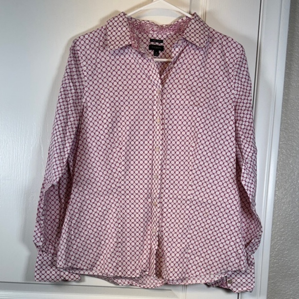Talbots White Pink Button Down Blouse Wrinkle Resistant Size 8 EUC #5847